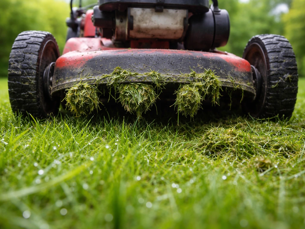 Brins d’herbe humide agglomérés sous une tondeuse, formant des paquets sur la pelouse.