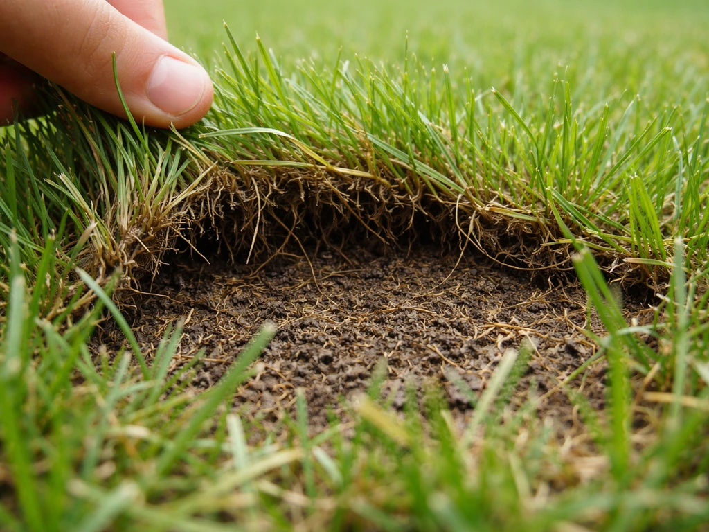 Gros plan sur une pelouse montrant un feutrage sombre épais entre le sol et les brins d’herbe.