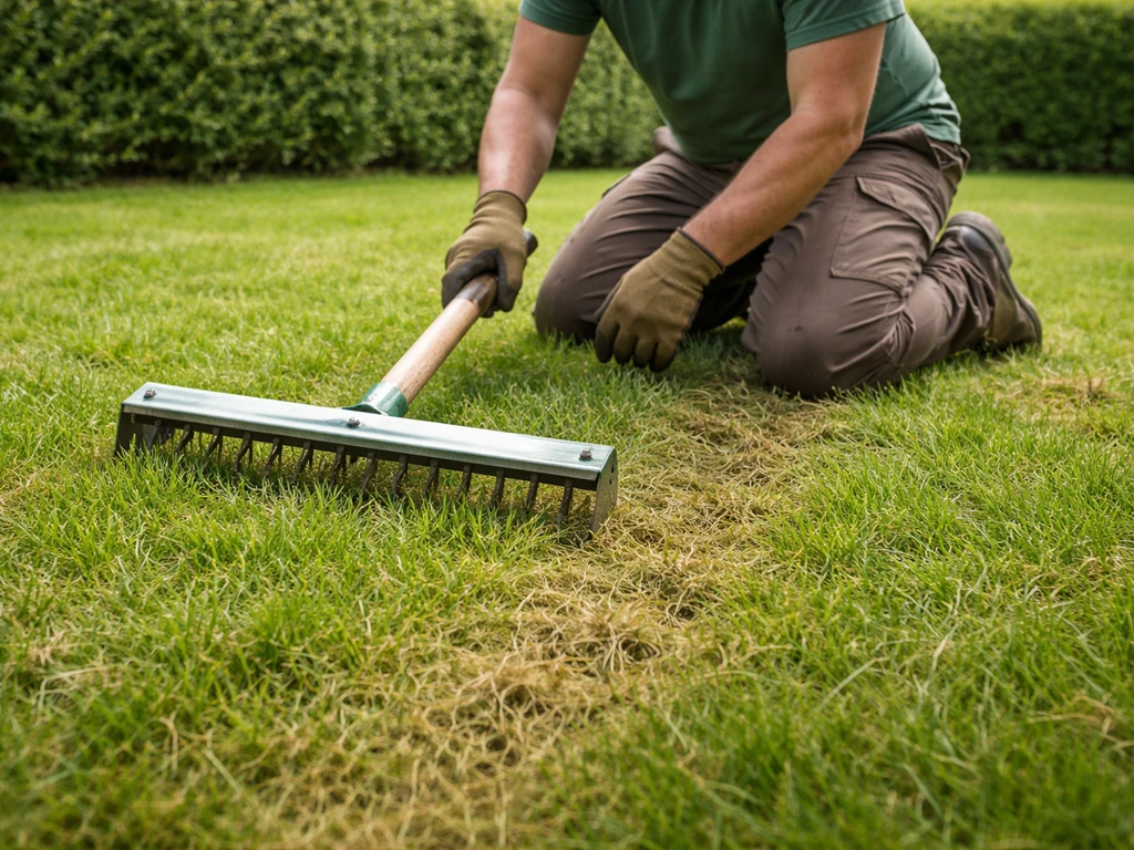 Scarification d’une pelouse : un outil peigne passe dans l’herbe et révèle un sol légèrement remué.