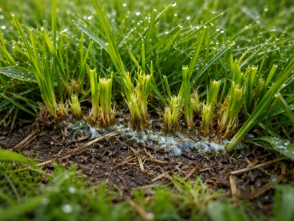 Gros plan sur un gazon abîmé : brins d’herbe grignotés irrégulièrement et trace luisante (bave).
