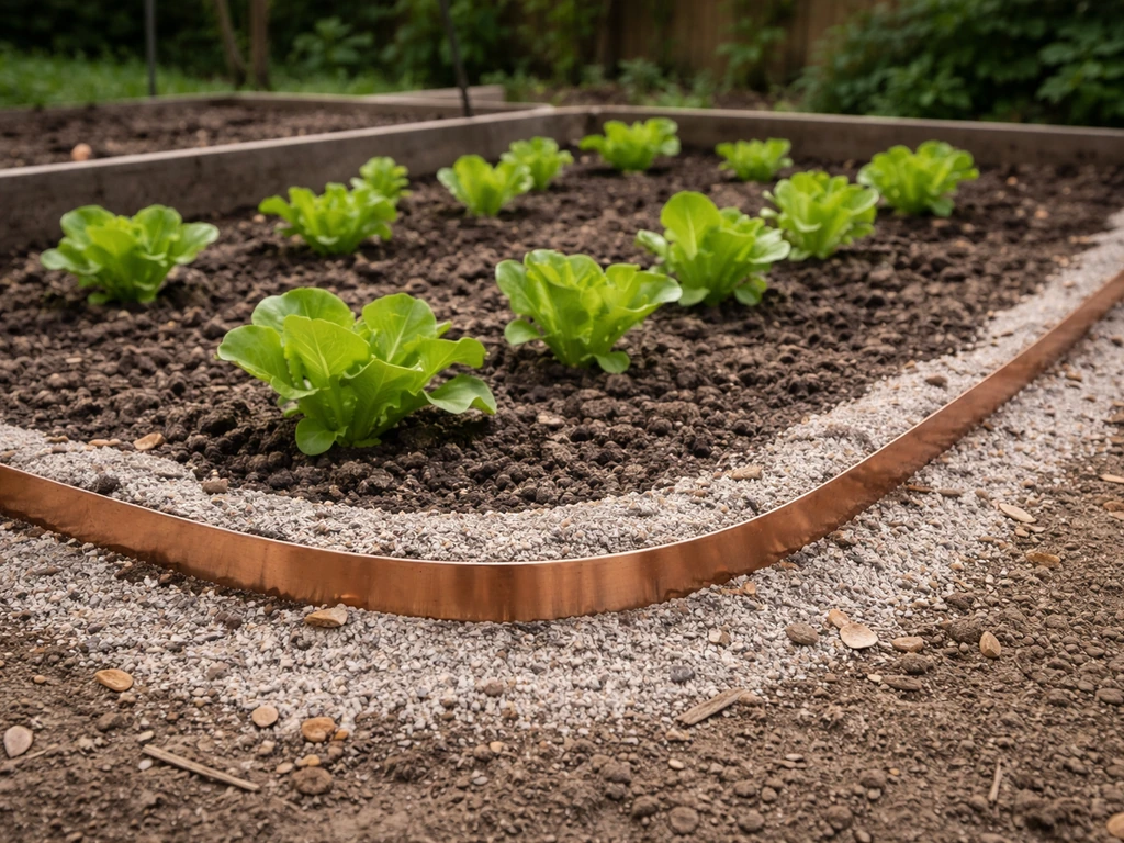 Bordure de jardin avec anneau de cuivre et cendre/sable autour d’une rangée de plantes contre les limaces.