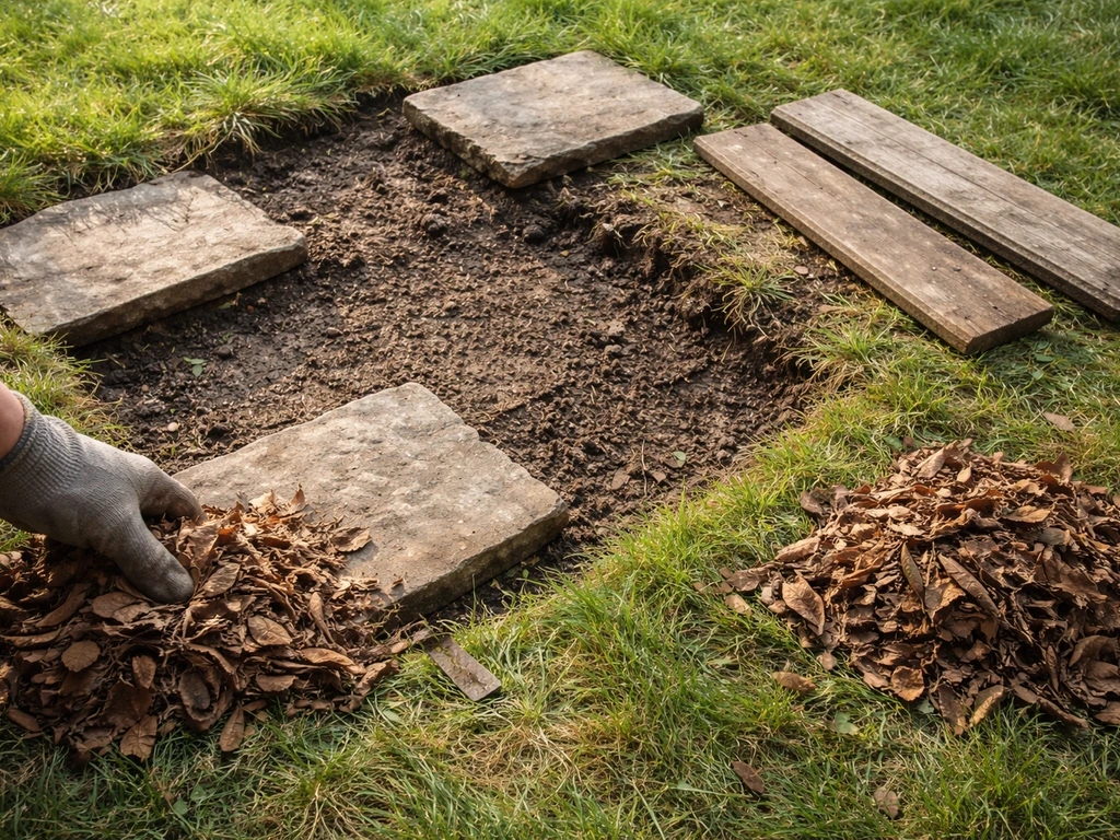 Gros plan sur des pierres plates, planches et feuilles mortes retirées près d’une pelouse dégagée.