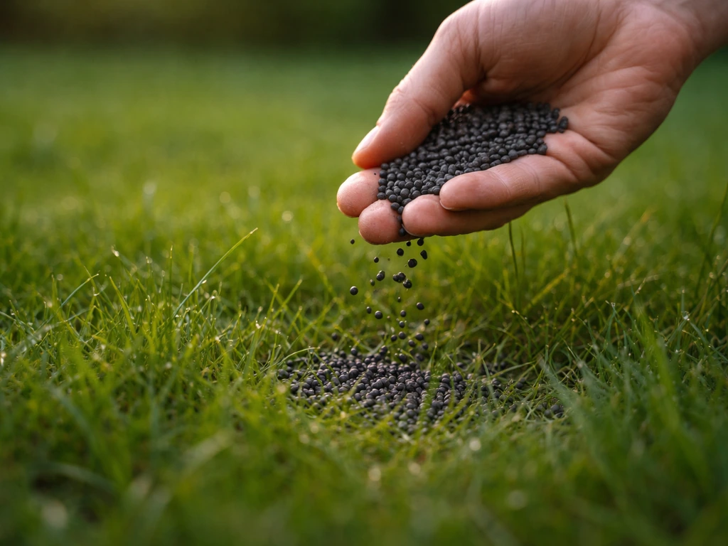 Granulés de phosphate ferrique épandus sur un gazon humide, granulés visibles entre les brins d’herbe.