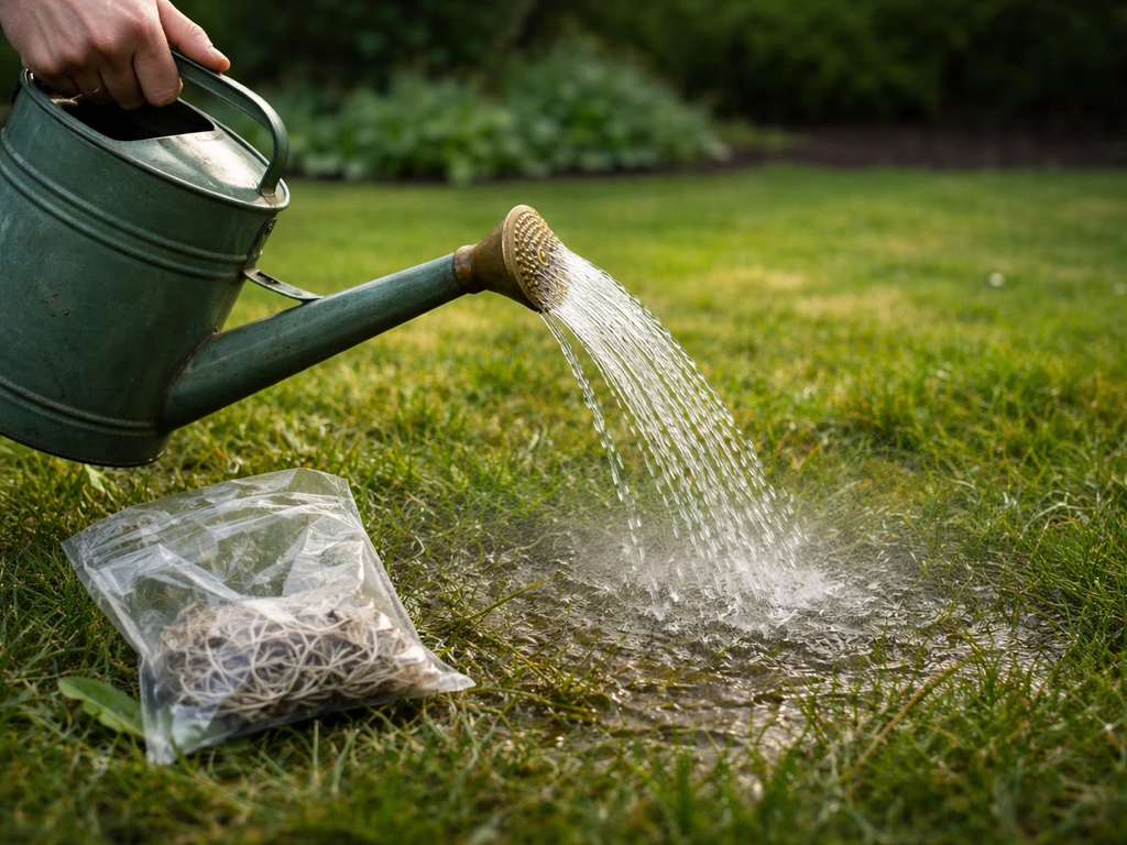 Une main anonyme arrose un gazon bien humide avec un arrosoir, pour appliquer des nématodes au sol.