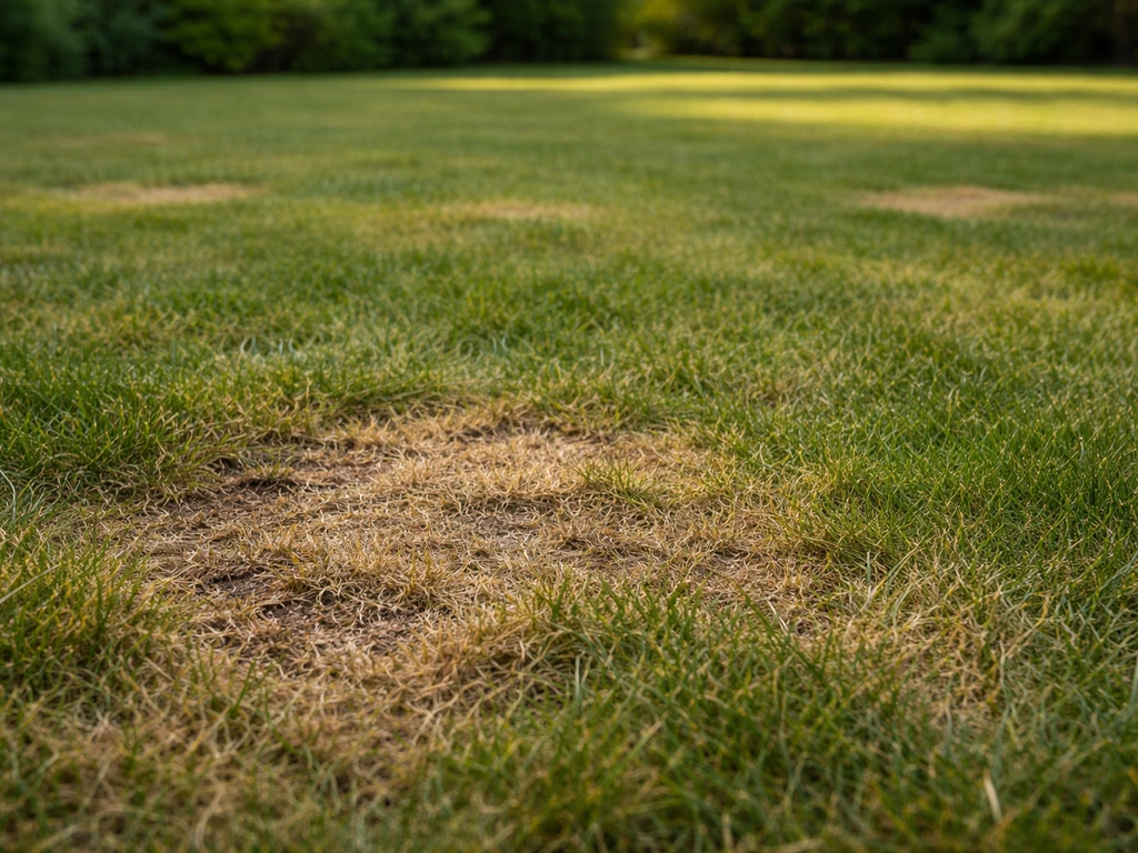 Pelouse française avec plaques jaunies/brunies localisées et légère affaissement, vue rapprochée au sol.