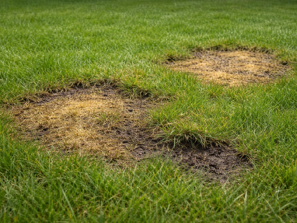 Gazon parsemé de plaques jaunies et brunies, avec herbe soulevée, montrant des dégâts d’insectes persistants malgré l’ar