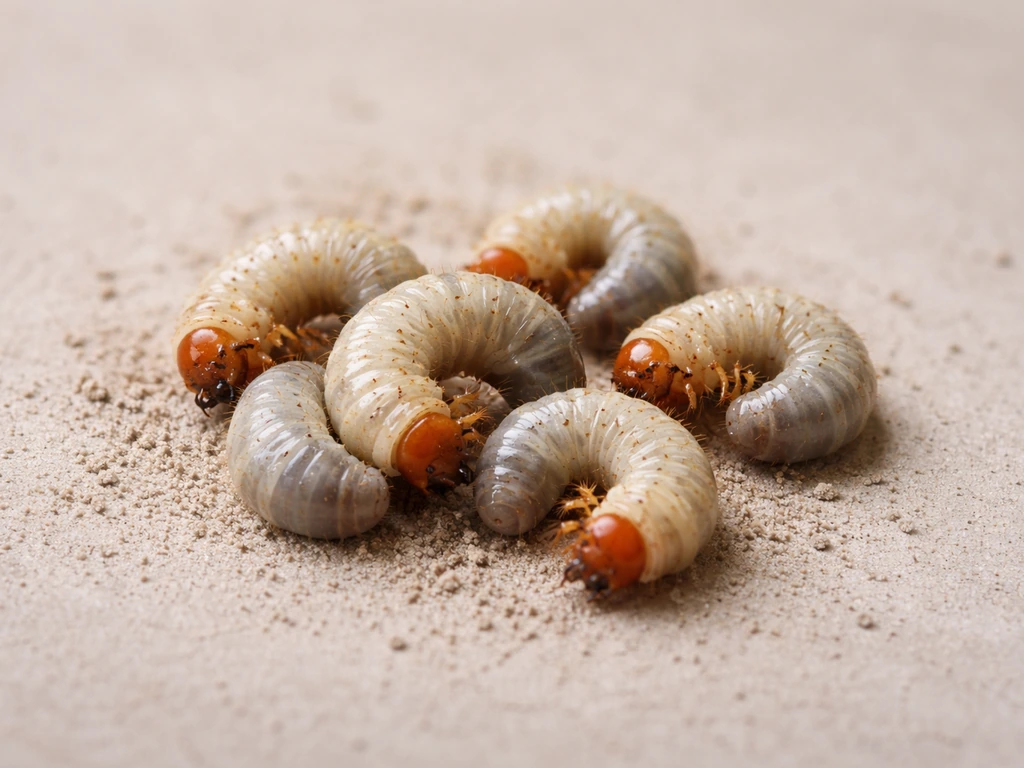 Larves de hannetons blanches en forme de C, têtes brun-orangé, posées sur sol fin, fond neutre.