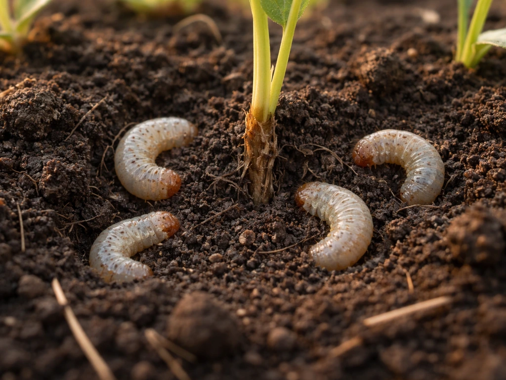 Larves blanches de chenilles noctuelles près de la surface, au pied de jeunes plantes dans la terre humide.