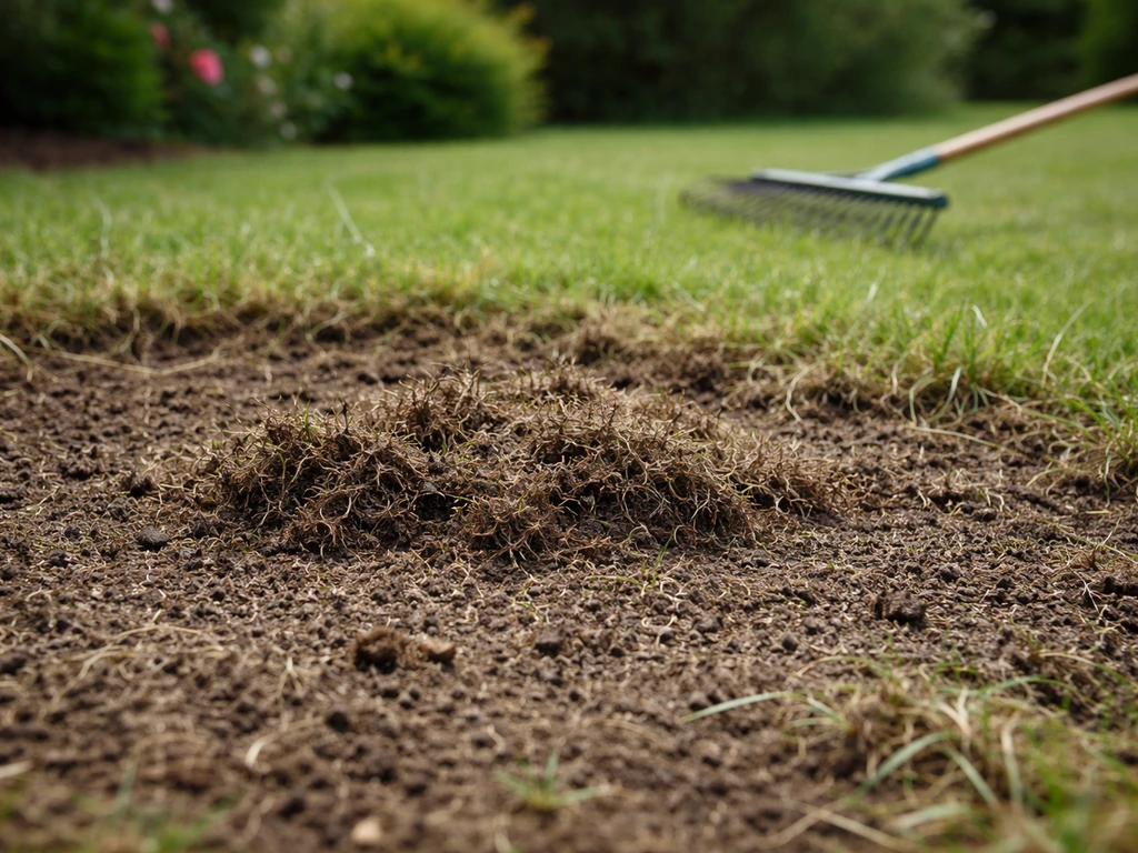 Gazon partiellement déchaumé, feutre retiré, terre aérée visible après scarification légère.