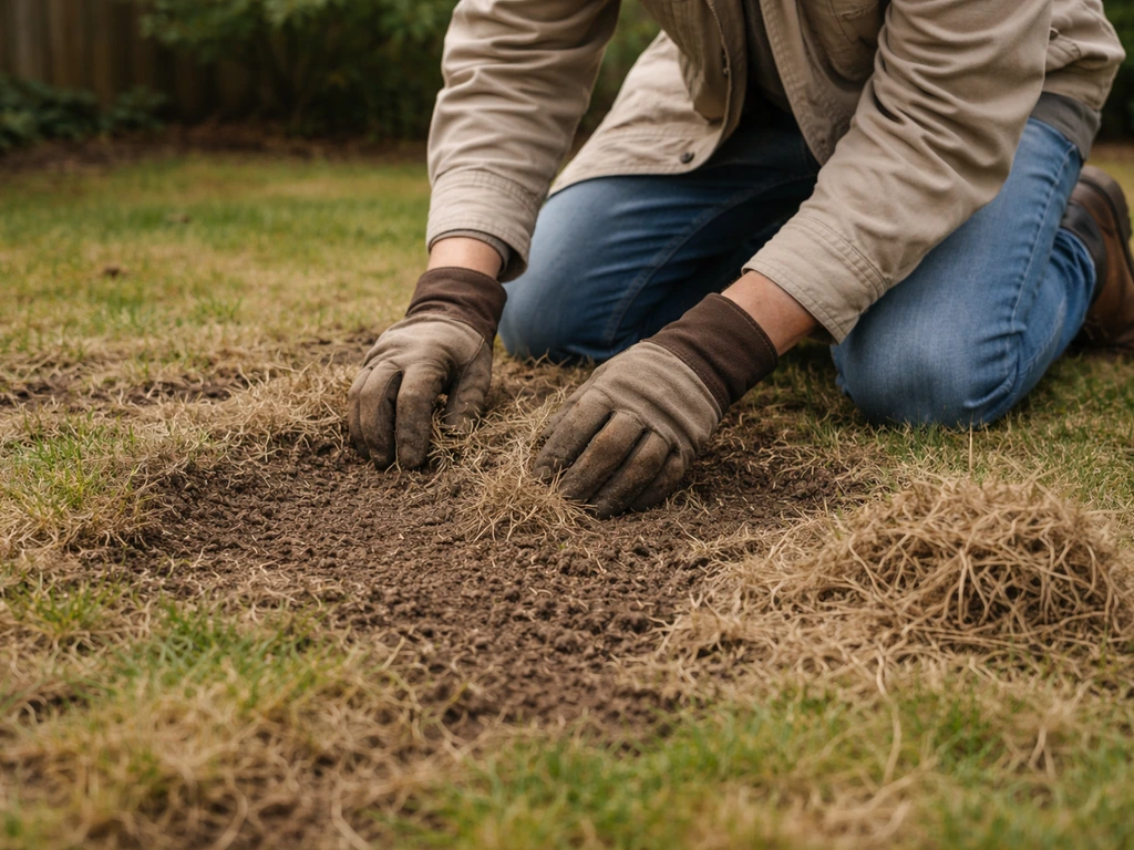 Jardinier retirant des brins morts et grattant une zone de pelouse avant regarnissage, sol bien ressuyé.