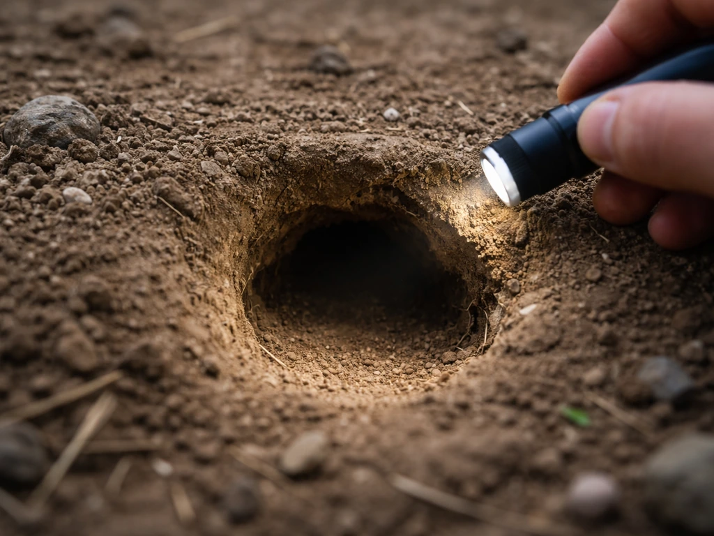 Gros plan au niveau du sol d’un trou dans la terre, bords visibles, éclairé doucement pour voir la profondeur.