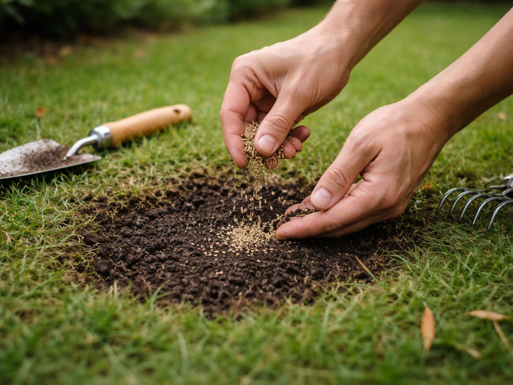 Mains anonymes rebouchant un petit trou et semant localement des graines de gazon dans un jardin.