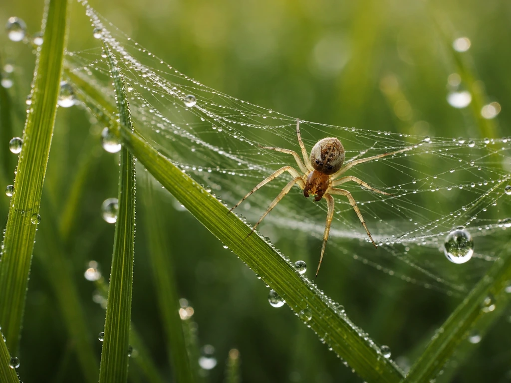 Gros plan d’une araignée de gazon sur un brin d’herbe, toile fine visible et rosée naturelle.