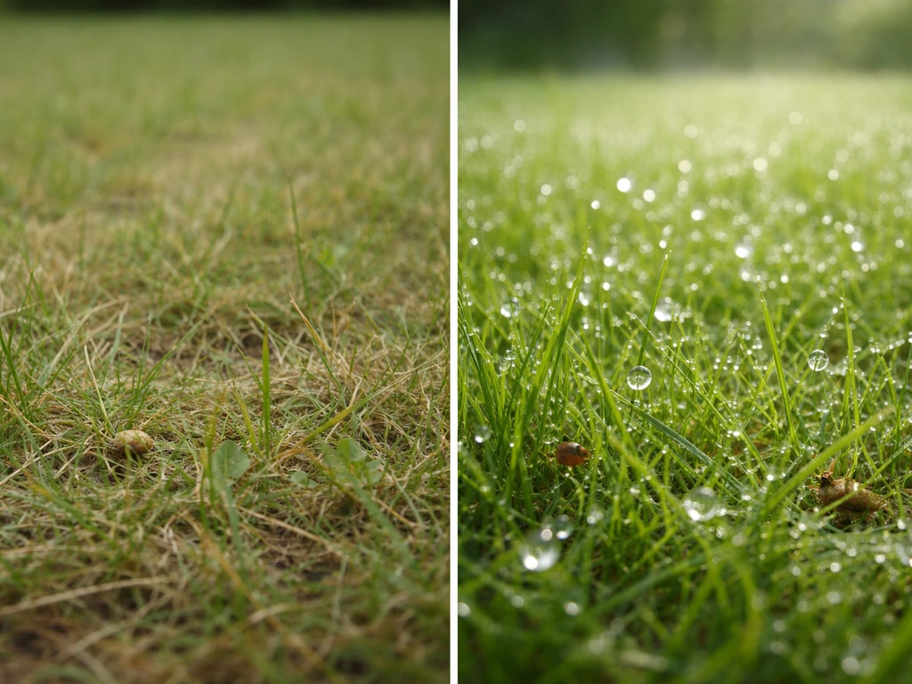 Gazon humide et dense au petit matin, herbes basses et petits insectes proies près des brins.