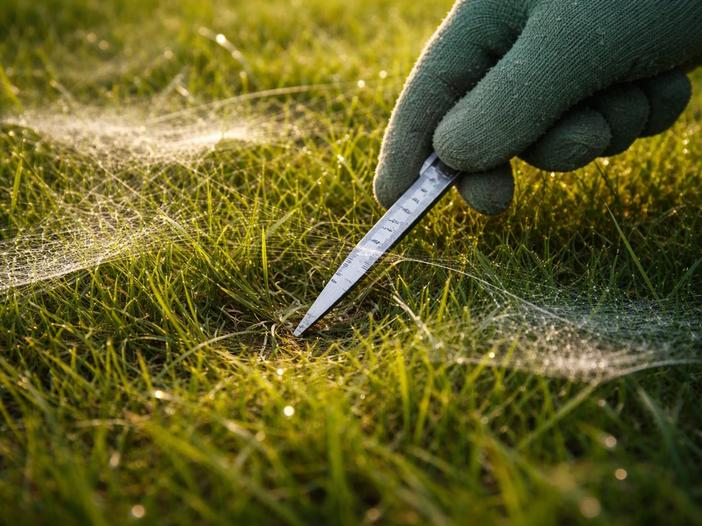 Main gantée pointant une zone de pelouse avec toiles d’araignée en nappe au petit matin.
