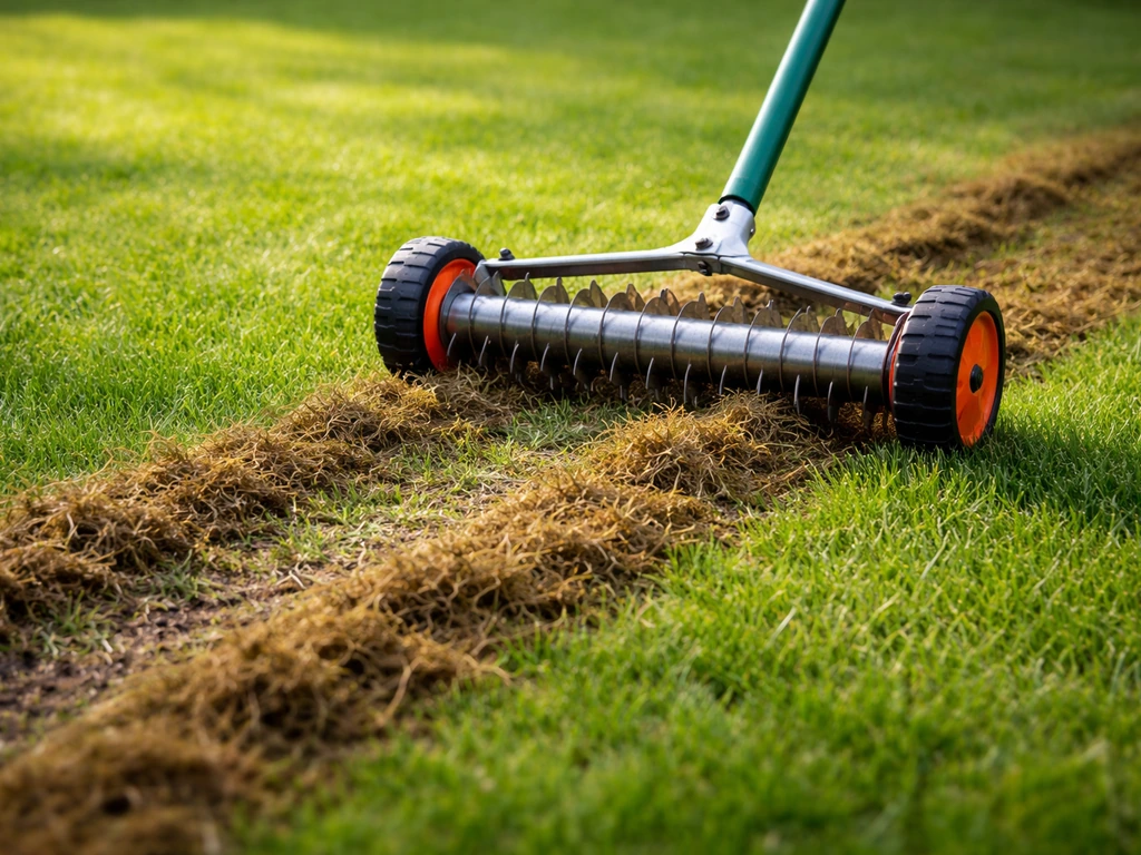 Scarification d’une pelouse compacte : feutrage retiré et sol aéré sur quelques bandes.