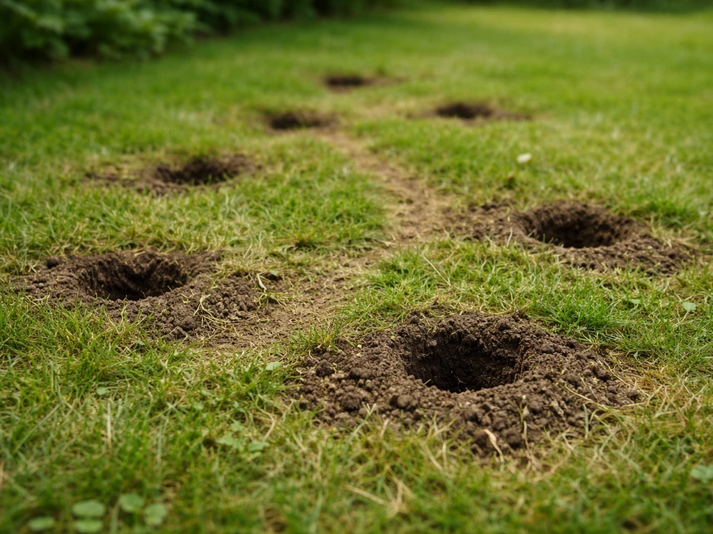 Gazon avec plusieurs petits trous ronds de 3–5 cm, terre retournée et zones clairsemées dues aux mulots.