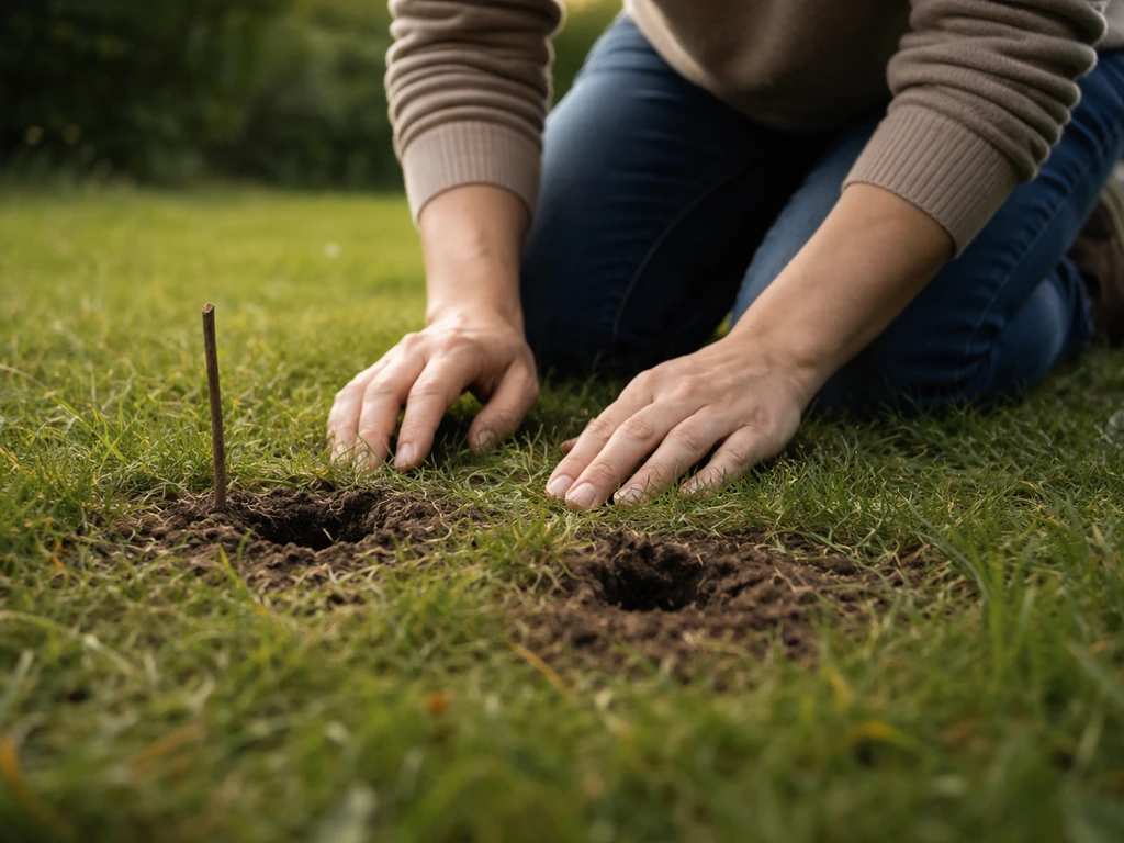 Personne à genoux inspectant une pelouse, repérant des trous frais et galeries visibles près de l’herbe.