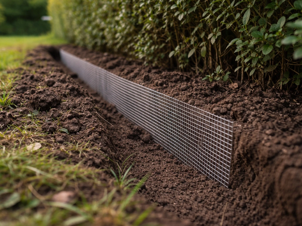Pose d’une grille anti-rongeurs enterrée le long d’une bordure de jardin, avec tranchée et terre fraîche