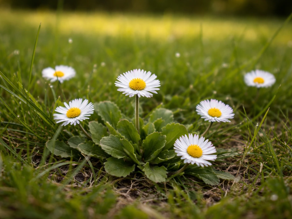 Gazon vert avec des pâquerettes (Bellis perennis) et leurs petites rosettes visibles au premier plan.