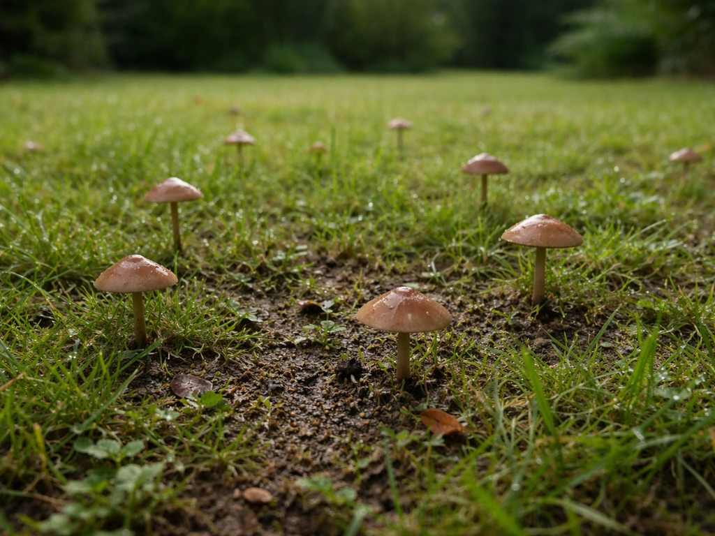 Pelouse humide avec quelques champignons sortant d’un gazon clairsemé, ambiance jardin française.