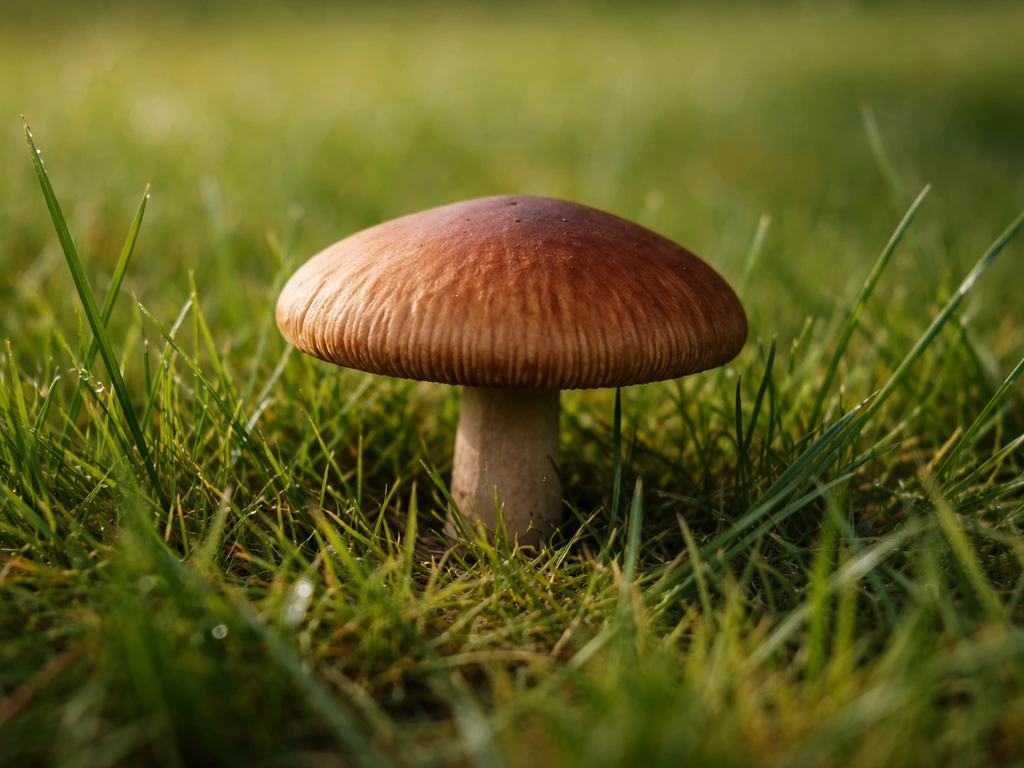 Gros plan sur un chapeau de champignon au milieu du gazon, brins d’herbe nets pour observer l’état autour.