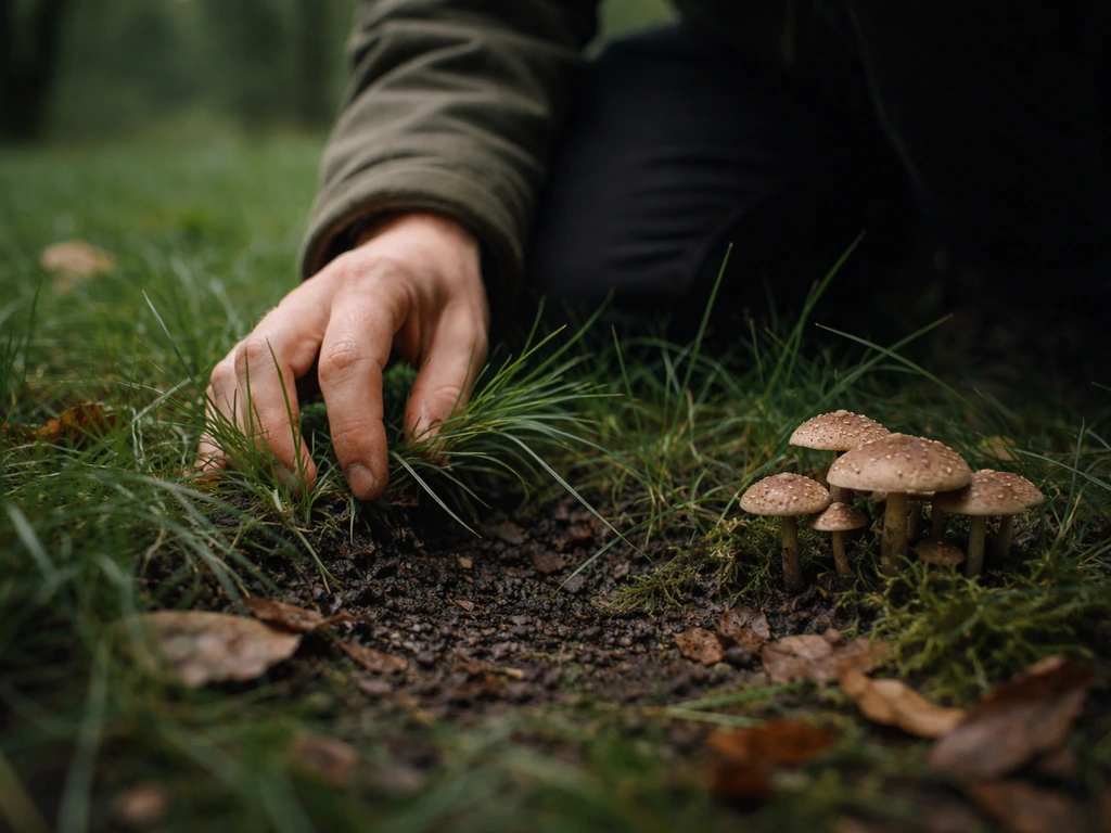 Personne à genoux écartant l’herbe pour observer des champignons et un sol sombre et humide.